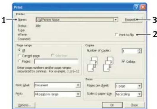 Print Name: Printer Name Status: Idle Type: Where: Comment: Print to file Pages range All Current page Select from Pages: Enter pages numbers and/or page ranges operated by commas. For example, 1, 3, 5-12 Copies Number of copies: 1 Collage Print size: Document Print: All pages in range Zoom Pages per object: 1 page Scale to paper size: No Scaling Options... OK Close