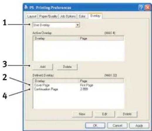 PS Printing Preferences Layout Paper/Quality Job Options Color Overlay Use Overlay Active Overlay (MAX 4) Overlay Page Add Delete Delivered Overlay (MAX 32) Overlay Page Cover Page First Page Continuation Page 2.959 New Edit Delete OK Cancel Apply