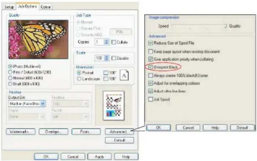 Setup Job Options Colour Quality Photo (Multilevel) Fine / Detail (600x1200) Normal (600 x 600) Draft (600 x 600) Finisher Output Bin: Stackar | Face Box Style: None Position: Top Punch: Gin Watermarkt... Overlages... Fonts... Advanced... Default Job Type Normal Secure Print Scope to HDD PIN Copies: 1 Collo Scale 100 Disable Orientation Portrait 180° Landscape 180° Image compression Speed Quality Advanced Reduce Size of Spoil File Keep page layout when resizing document Give application priority when collating Overprint Black Always create 100% (blackOK) loner Adjust for overlapping colours Adjust ultra fine lines Job Spoil OK Cancel Help Default OK Cancel Apply Help