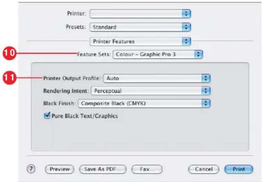 Printer: Presets: Standard Printer Features Feature Sets: Colour - Graphic Pro 3 Printer Output Profile: Auto Rendering Intent: Perceptual Black Finish: Composite Black (CMYK) Pure Black Text/Graphics Preview Save As PDF... Fax... Cancel Print