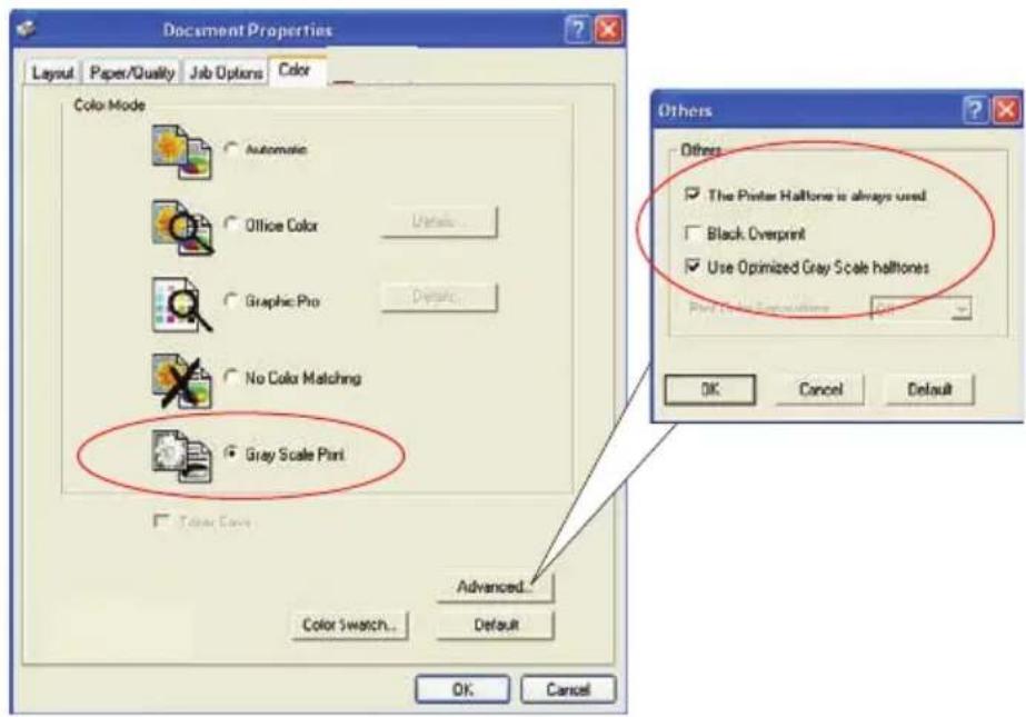 Document Properties Layout Paper/Quality Job Options Color Color Mode Automatic Office Color Details Graphic Pro Details No Color Matching Gray Scale Pin1 Advanced... Color Switch... Default Others The Poster Halftone is always used Black Overprint Use Optimized Gray Scale halftones OK Cancel Default OK Cancel