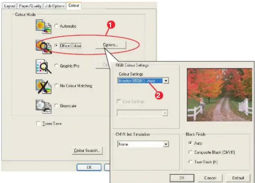 Layout Paper/Quality Job Options Colour Colour Mode Automato Office Colour Options... Graphic Pro No Colour Matching Greycale Toner Save Colour Swatch... OK RGB Colour Settings Colour Settings Monitor (5500K) - Auto User Settings CMYK Ink Simulation None Black Finish Auto Composite Black (CMYK) True Black (K) OK Cancel Default