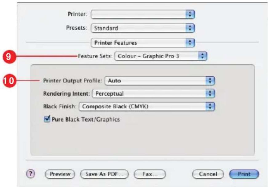 Printer: Presets: Standard Printer Features Feature Sets: Colour - Graphic Pro 3 Printer Output Profile: Auto Rendering Intent: Perceptual Black Finish: Composite Black (CMYK) Pure Black Text/Graphics Preview Save As PDF... Fax... Cancel Print