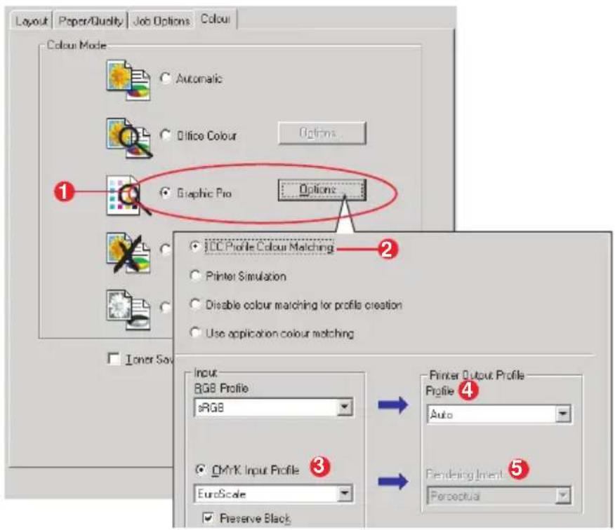 Layout Paper/Quality Job Options Colour Colour Mode Automatic Office Colour Options Graphic Pro Options ICC Profile Colour Matching Printer Simulation Disable colour matching for profile creation Use application colour matching Inner Sov Input RGB Profile sRGB CMrK Input Profile EuroScale Preserve Black Printer Output Profile Profile Auto Rendering Inert Perceptual