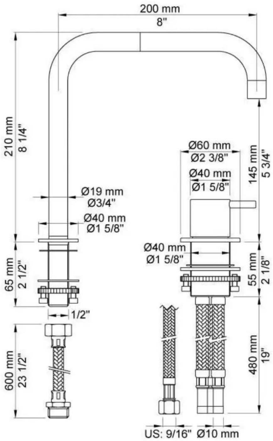 200 mm 8" 210 mm 8 1/4" Ø19 mm Ø3/4" Ø40 mm Ø1 5/8" 65 mm 2 1/2" 1/2" 600 mm 23 1/2" US: 9/16" Ø10 mm Ø60 mm Ø2 3/8" Ø40 mm Ø1 5/8" 145 mm 5 3/4" 55 mm 2 1/8" 480 mm 19"
