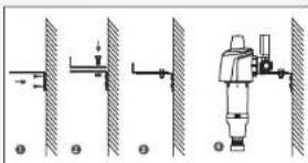 Technical diagram showing three mechanical assembly steps with labeled components and directional arrows
