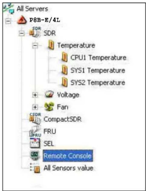 All Servers P8B-E/4L SDR SDR Temperature CPU1 Temperature SYS1 Temperature SYS2 Temperature Voltage Fan CSDR CompactSDR FRU SEL Remote Console All Sensors value