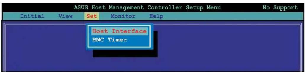 ASUS Host Management Controller Setup Menu Initial View Set Monitor Help Host Interface BMC Timer No Support
