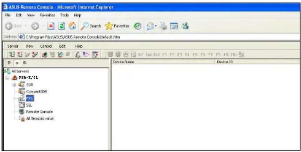 ASUS Remote Console - Microsoft Internet Explorer File Edit View Favorites Tools Help Back Search Favorites Address CAProgram Files/ASUS/ASUS Remote Console/default.htm Server View Control Edit Help All Servers PBB-E/4L SDR CompactSDR FBD SEL Remote Console All Sensors value Device Name Device ID