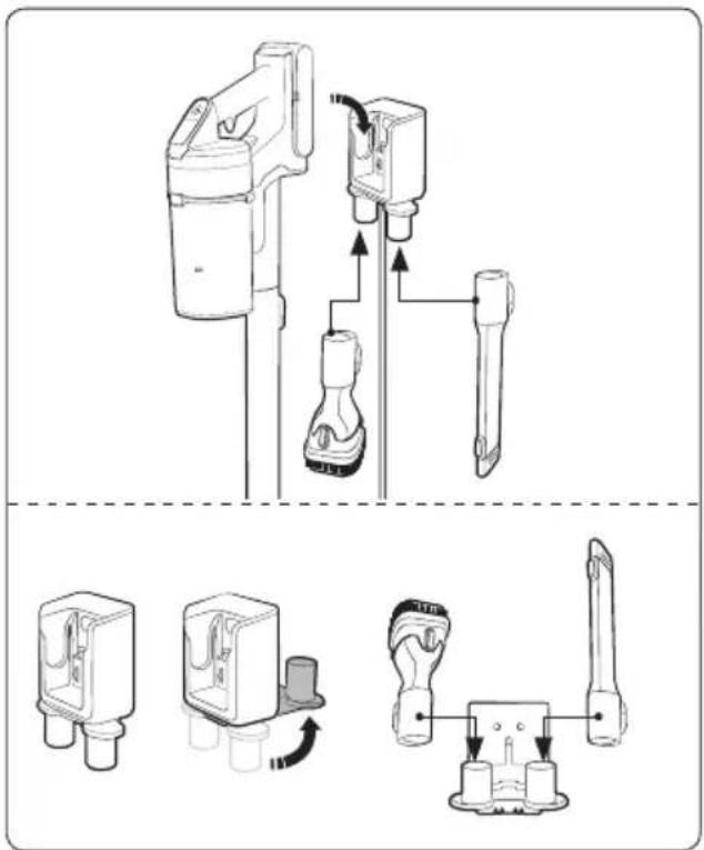 Technical diagram showing exploded and assembled views of a mechanical device with labeled components and directional arrows indicating assembly or operation.