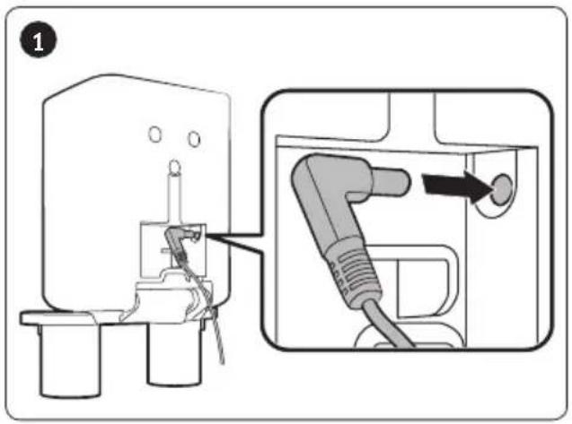 Diagram showing a device connected to a plug, with an arrow indicating the plug's direction and label '1' in the corner.
