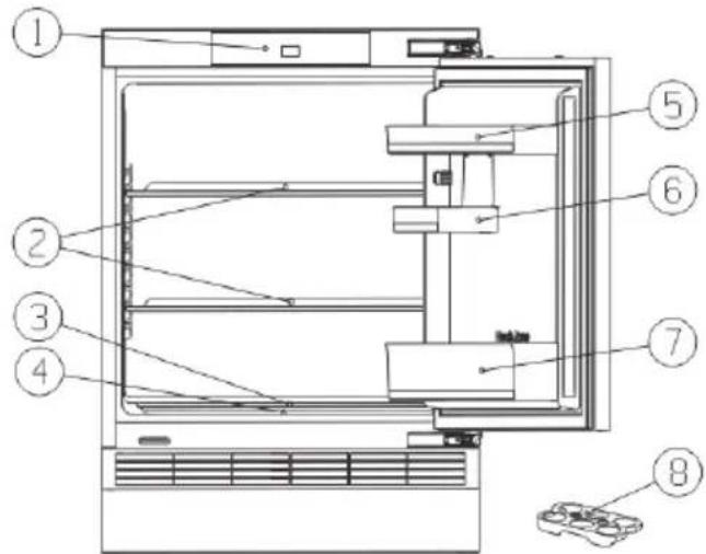 Technical diagram of an air conditioner unit with numbered components for identification