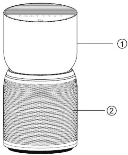 Diagram of a smart speaker with labeled parts, showing front and back views with numbered annotations.