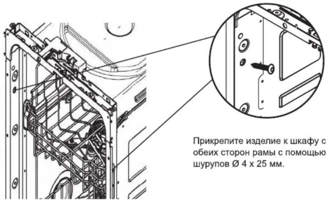 Прикрепите изделие к шкафу с обеих сторон рамы с помощью шурупов ∅ 4 x 25 мм.