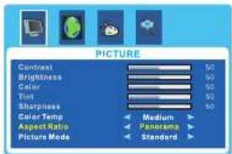 PICTURE Contrast 50 Brightness 50 Color 50 Tint 50 Sharpness 50 Color Temp Medium Aspect Ratio Panorama Picture Mode Standard
