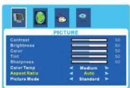 PICTURE Contrast Brightness Color Tint Sharpness Color Temp: Aspect Ratio Picture Mode Medium Auto Standard