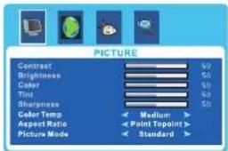 PICTURE Contrast Brightness Color Tint Sharpness Color Temp Aspect Ratio Picture Mode 50 50 50 50 Medium Point Topoint Standard