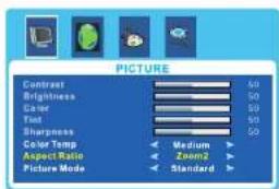 PICTURE Contrast Brightness Color Tint Sharpness Color Temp Aspect Ratio Zoom2 Picture Mode Standard