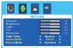 PICTURE Contrast 50 Brightness 50 Color 50 Tint 50 Sharpness 50 Color Temp Medium Aspect Ratio Zoom1 Picture Mode Standard