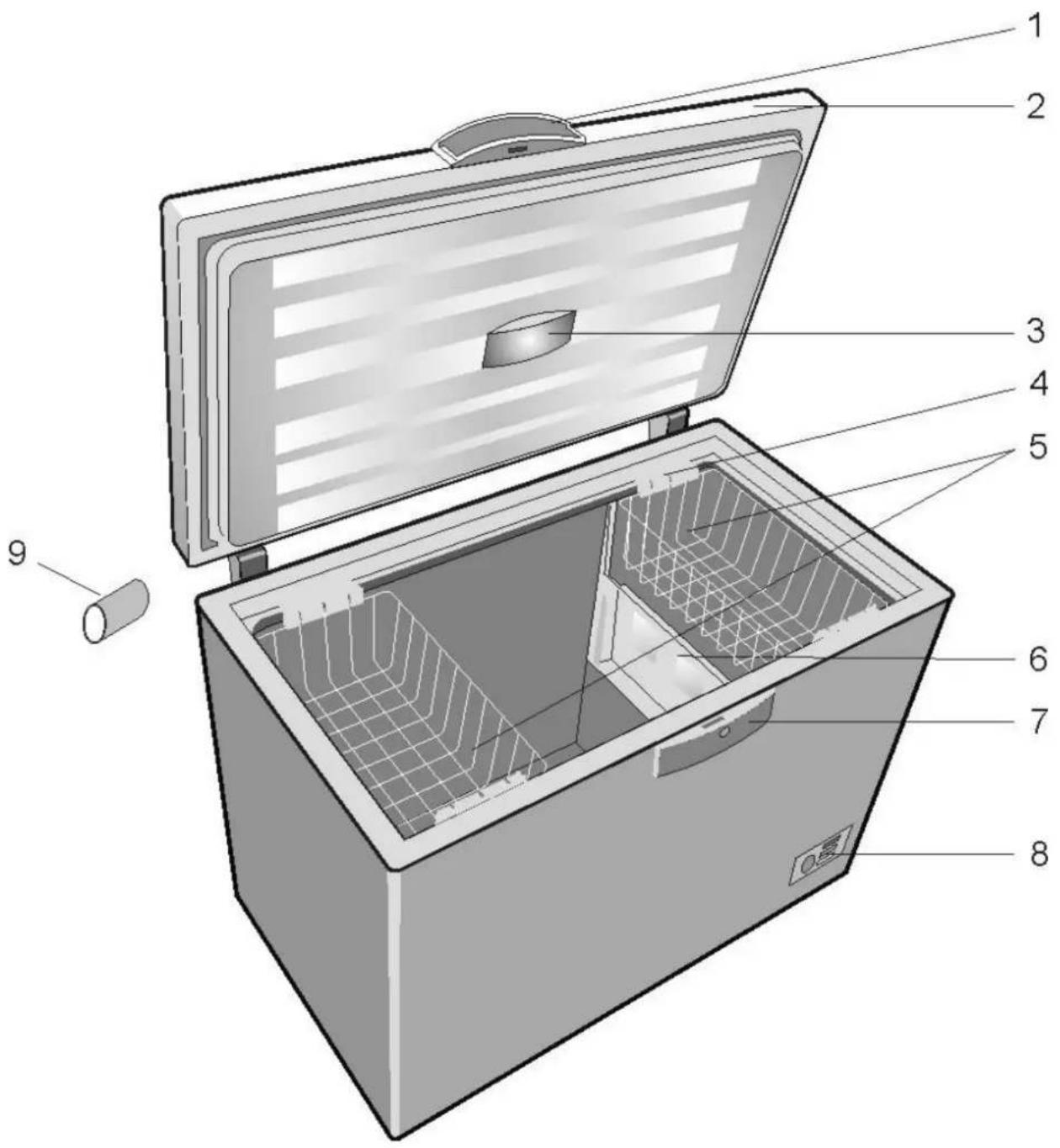 Diagram of a refrigerator internal structure with numbered parts labeled for identification.