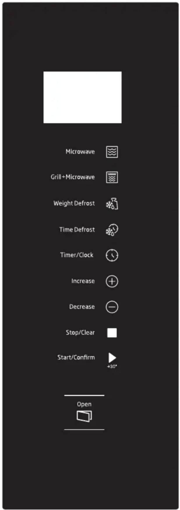 Microwave Grill+Microwave Weight Defrost Time Defrost Timer/Clock Increase Decrease Stop/Clear Start/Confirm +30° Open