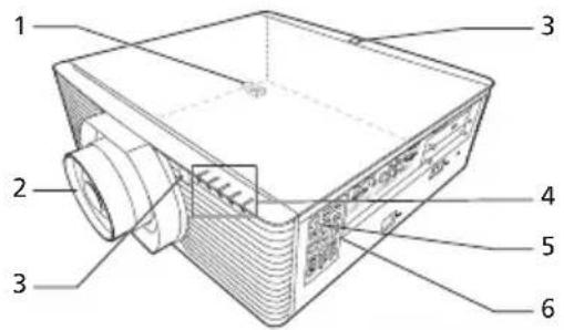 Technical diagram of a projector with numbered parts labeled 1 through 6