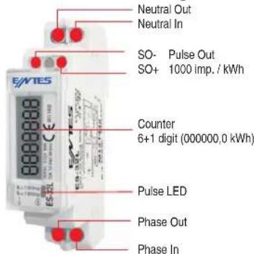 Neutral Out Neutral In SO- Pulse Out SO+ 1000 imp. / kWh Counter 6+1 digit (000000,0 kWh) Pulse LED Phase Out Phase In