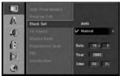 Auto Programm Program List Clock Set 10 Aspect Display Mode Properties Sheet Pig: Interactions Auto Manual Date 19 / 2 Year 2005 Time 00 : 35