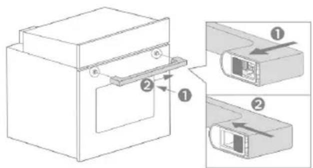 Technical diagram showing a mechanical assembly with labeled parts and two views of a component, marked with arrows.