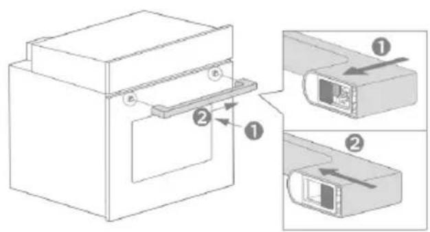Technical diagram showing a mechanical component with labeled parts and two views of the assembly, marked as ① and ②.