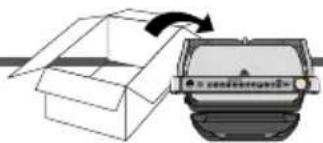 Diagram showing a box being opened with an arrow indicating rotation, next to a car's license plate.