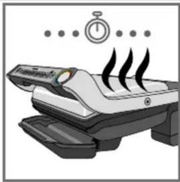 Illustration of a printer with steam rising, accompanied by a stopwatch and watch (no text or symbols)
