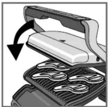 Illustration of a grating machine with four meshed panels and a curved arrow indicating rotation (no text or symbols)