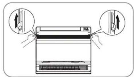Diagram showing a device with two hands pointing to a panel, labeled with directional arrows and text.