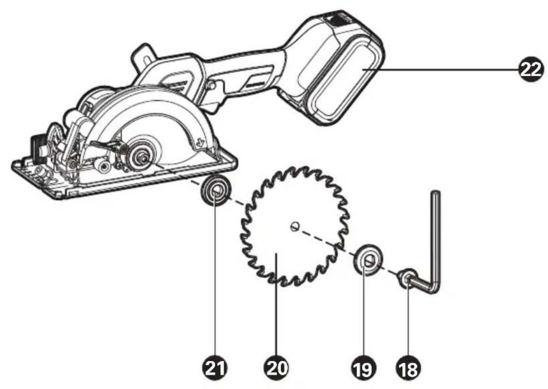 Technical diagram of a cutting tool with labeled parts and gear mechanism