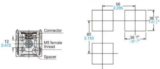 Connector 12 0.472 M5 female thread Spacer 56 2.205 36-0.5 1.417-0.5 80 3.150 36-0.5 1.417-0.5