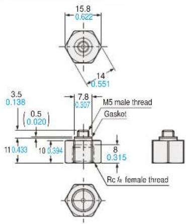 15.8 0.622 14 0.551 3.5 0.138 (0.020) 7.8 0.307 M5 male thread Gasket 11 0.433 10 0.394 8 0.315 Rc /a female thread