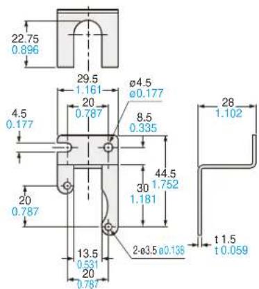22.75 0.896 29.5 1.161 ø4.5 ø0.177 4.5 0.177 20 0.787 8.5 0.335 20 0.787 44.5 1.752 30 1.181 2-ø3.5ø0.138 t 1.5 t 0.059 28 1.102