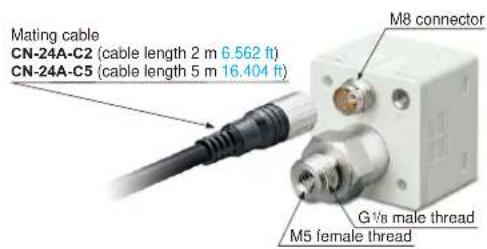 Mating cable CN-24A-C2 (cable length 2 m 6.562 ft) CN-24A-C5 (cable length 5 m 16.404 ft) M8 connector G/8 male thread M5 female thread