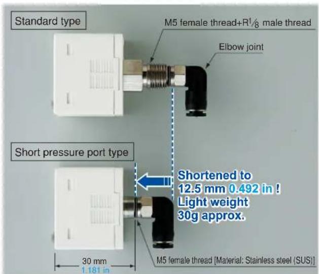 Standard type M5 female thread+R½ male thread Elbow joint Short pressure port type 30 mm 1.181 in Shortened to 12.5 mm 0.492 in ! Light weight 30g approx. M5 female thread [Material: Stainless steel (SUS)]