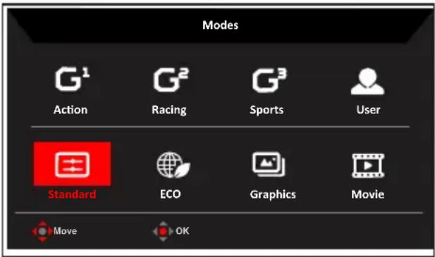 Modes G¹ Action G² Racing Sports G³ User Standard ECO Graphics Movie Move OK