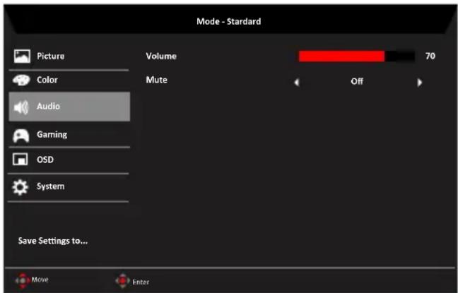 Mode - Standard Picture Volume 70 Color Mute Off Audio Gaming OSD System Save Settings to... Move Enter