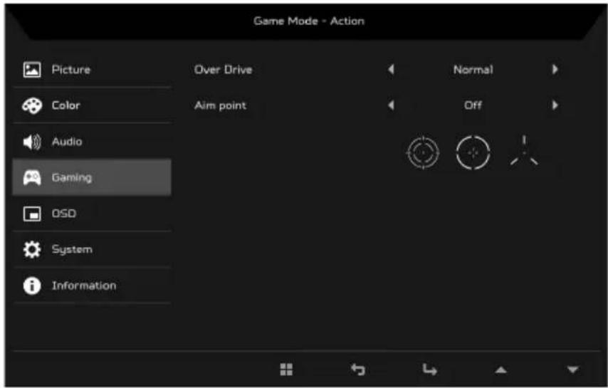 Game Mode - Action Picture Color Audio Gaming OSD System Information Over Drive Aim point Normal Off