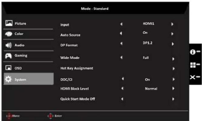 Mode - Standard Picture Color Audio Gaming OSD System Input Auto Source DP Format Wide Mode Hot Key Assignment DDC/CI HDMI Black Level Quick Start Mode Off HDMI1 On DP1.2 Full On Normal More Enter