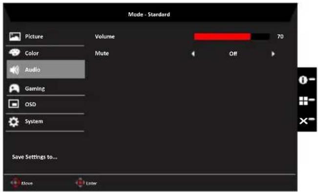Mode - Standard Picture Volume 70 Color Mute Off Audio Gaming QSD System Save Settings to... Move Enter