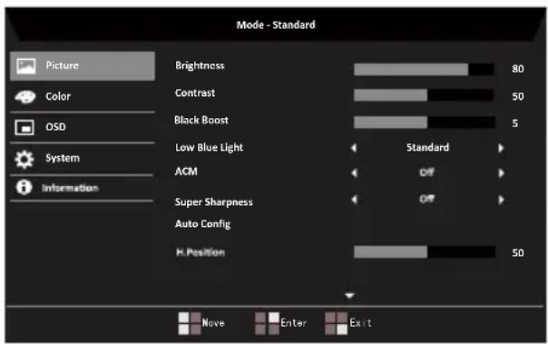 Mode - Standard Picture Color OSD System Information Brightness 80 Contrast 50 Black Boost 5 Low Blue Light Standard ACM Off Super Sharpness Off Auto Config H Position 50 Move Enter Exit