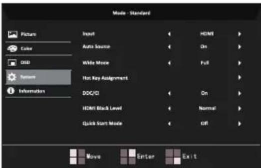 Mode - Standard Picture Color Auto Obl Sensor Information Insert Auto Source Wide Mode Hot Key Assignment DOG/DI HDMI Black Level Quick Start Mode < HDMI > < On > < Full > < On > < Normal > < Off > Move Enter Exit