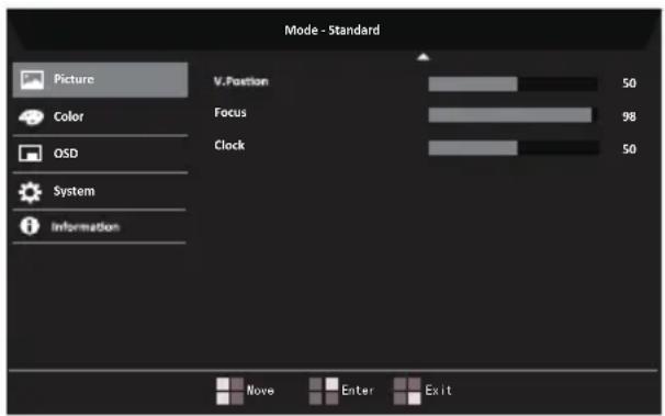 Mode - Standard Picture V. Position 50 Color Focus 98 OSD Clock 50 System Information Nove Enter Exit