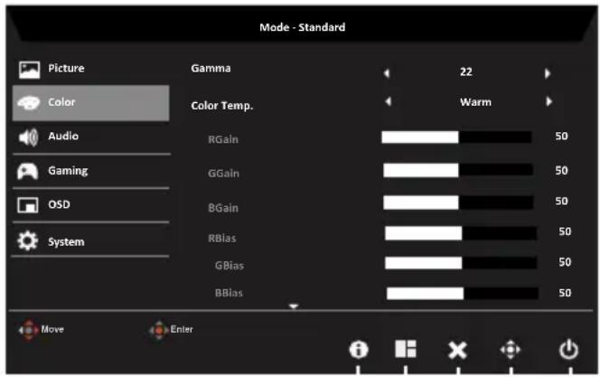 Mode - Standard Picture Color Audio Gaming OSD System Gamma 22 Color Temp. Warm RGain 50 GGain 50 BGain 50 RBias 50 GBias 50 BBlas 50 Move Enter