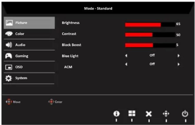 Mode - Standard Picture Color Audio Gaming OSD System Brightness 65 Contrast 50 Black Boost 5 Blue Light Off ACM Off Move Enter